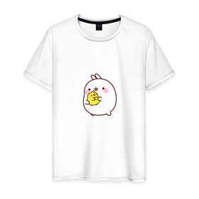 Мужская футболка хлопок с принтом Molang Друзья в Новосибирске, 100% хлопок | прямой крой, круглый вырез горловины, длина до линии бедер, слегка спущенное плечо. | kawaii | аниме | зайчик | зая | заяц | каваи | мимими | моланг | птенчик
