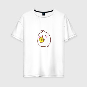 Женская футболка хлопок Oversize с принтом Molang Друзья в Новосибирске, 100% хлопок | свободный крой, круглый ворот, спущенный рукав, длина до линии бедер
 | kawaii | аниме | зайчик | зая | заяц | каваи | мимими | моланг | птенчик