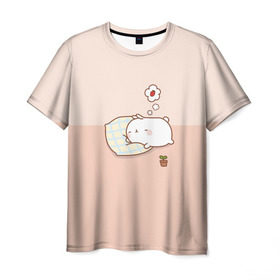 Мужская футболка 3D с принтом Molang Сладкий Сон в Новосибирске, 100% полиэфир | прямой крой, круглый вырез горловины, длина до линии бедер | kawaii | аниме | зайчик | зая | заяц | каваи | клубника | мимими | моланг | розовый | сон