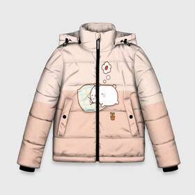 Зимняя куртка для мальчиков 3D с принтом Molang Сладкий Сон в Новосибирске, ткань верха — 100% полиэстер; подклад — 100% полиэстер, утеплитель — 100% полиэстер | длина ниже бедра, удлиненная спинка, воротник стойка и отстегивающийся капюшон. Есть боковые карманы с листочкой на кнопках, утяжки по низу изделия и внутренний карман на молнии. 

Предусмотрены светоотражающий принт на спинке, радужный светоотражающий элемент на пуллере молнии и на резинке для утяжки | Тематика изображения на принте: kawaii | аниме | зайчик | зая | заяц | каваи | клубника | мимими | моланг | розовый | сон