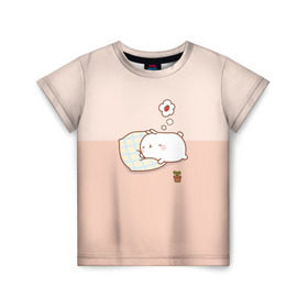 Детская футболка 3D с принтом Molang Сладкий Сон в Новосибирске, 100% гипоаллергенный полиэфир | прямой крой, круглый вырез горловины, длина до линии бедер, чуть спущенное плечо, ткань немного тянется | kawaii | аниме | зайчик | зая | заяц | каваи | клубника | мимими | моланг | розовый | сон