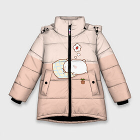 Зимняя куртка для девочек 3D с принтом Molang Сладкий Сон в Новосибирске, ткань верха — 100% полиэстер; подклад — 100% полиэстер, утеплитель — 100% полиэстер. | длина ниже бедра, удлиненная спинка, воротник стойка и отстегивающийся капюшон. Есть боковые карманы с листочкой на кнопках, утяжки по низу изделия и внутренний карман на молнии. 

Предусмотрены светоотражающий принт на спинке, радужный светоотражающий элемент на пуллере молнии и на резинке для утяжки. | Тематика изображения на принте: kawaii | аниме | зайчик | зая | заяц | каваи | клубника | мимими | моланг | розовый | сон
