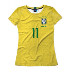 Женская футболка 3D с принтом Coutinho home WC 2018 в Новосибирске, 100% полиэфир ( синтетическое хлопкоподобное полотно) | прямой крой, круглый вырез горловины, длина до линии бедер | brazil | coutinho | cup champions | league | world | бразилия | коутиньо