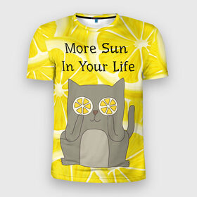 Мужская футболка 3D спортивная с принтом More Sun In Your Life в Новосибирске, 100% полиэстер с улучшенными характеристиками | приталенный силуэт, круглая горловина, широкие плечи, сужается к линии бедра | cat | kitty | lemon | lemonade | limon | pussycat | summer | жара | желтый | кот | котенок | котики | котэ | кошка | лемон | лемонад | лето | лимон | лимонад | позитив | серый | сок | солнце | сочный | фрукт | цитрус | черный | яркий