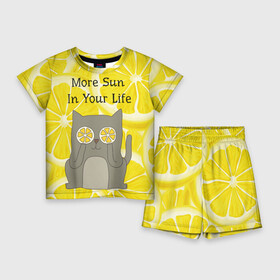 Детский костюм с шортами 3D с принтом More Sun In Your Life в Новосибирске,  |  | Тематика изображения на принте: cat | kitty | lemon | lemonade | limon | pussycat | summer | жара | желтый | кот | котенок | котики | котэ | кошка | лемон | лемонад | лето | лимон | лимонад | позитив | серый | сок | солнце | сочный | фрукт | цитрус | черный | яркий