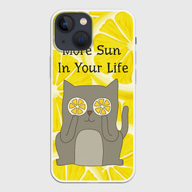 Чехол для iPhone 13 mini с принтом More Sun In Your Life в Новосибирске,  |  | cat | kitty | lemon | lemonade | limon | pussycat | summer | жара | желтый | кот | котенок | котики | котэ | кошка | лемон | лемонад | лето | лимон | лимонад | позитив | серый | сок | солнце | сочный | фрукт | цитрус | черный | яркий