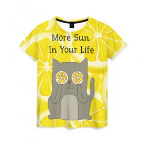 Женская футболка 3D с принтом More Sun In Your Life в Новосибирске, 100% полиэфир ( синтетическое хлопкоподобное полотно) | прямой крой, круглый вырез горловины, длина до линии бедер | cat | kitty | lemon | lemonade | limon | pussycat | summer | жара | желтый | кот | котенок | котики | котэ | кошка | лемон | лемонад | лето | лимон | лимонад | позитив | серый | сок | солнце | сочный | фрукт | цитрус | черный | яркий