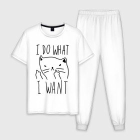 Мужская пижама хлопок с принтом Do What Want в Новосибирске, 100% хлопок | брюки и футболка прямого кроя, без карманов, на брюках мягкая резинка на поясе и по низу штанин
 | cat | kitty | кот | кошка