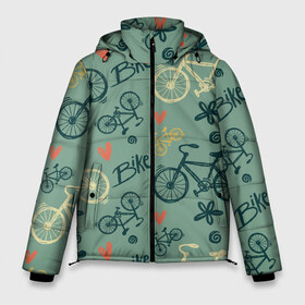 Мужская зимняя куртка 3D с принтом Велосипед Текстура в Новосибирске, верх — 100% полиэстер; подкладка — 100% полиэстер; утеплитель — 100% полиэстер | длина ниже бедра, свободный силуэт Оверсайз. Есть воротник-стойка, отстегивающийся капюшон и ветрозащитная планка. 

Боковые карманы с листочкой на кнопках и внутренний карман на молнии. | Тематика изображения на принте: байк | велик | вело | велосипед | велосипеды | велоспорт | с велосипедом | спорт