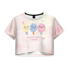 Женская футболка 3D укороченная с принтом Сахарная Вата в Новосибирске, 100% полиэстер | круглая горловина, длина футболки до линии талии, рукава с отворотами | candy | мороженое | рожок | сахарная вата | сладкая вата