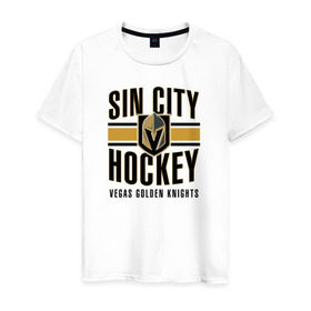 Мужская футболка хлопок с принтом Sin City Hockey в Новосибирске, 100% хлопок | прямой крой, круглый вырез горловины, длина до линии бедер, слегка спущенное плечо. | Тематика изображения на принте: nhl | stanley cup | vegas golden knights | vegas knights | вегас голден найтс | вегас найтс | кубок стенли | кубок стэнли | нхл | хоккей | хоккейный клуб