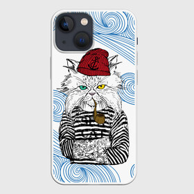 Чехол для iPhone 13 mini с принтом Кот Моряк в Новосибирске,  |  | cat | бежевый | бирюзовый | глаза | желтый | коричневый | кот | котенок | котики | котэ | кошка | красный | матрос | матроска | матроскин | пират | полосатый | полоски | трубка | хипстер | черный | шапка