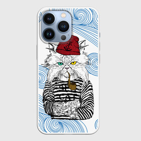 Чехол для iPhone 13 Pro с принтом Кот Моряк в Новосибирске,  |  | cat | бежевый | бирюзовый | глаза | желтый | коричневый | кот | котенок | котики | котэ | кошка | красный | матрос | матроска | матроскин | пират | полосатый | полоски | трубка | хипстер | черный | шапка