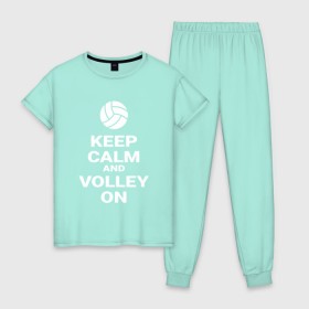 Женская пижама хлопок с принтом Keep calm and volley on в Новосибирске, 100% хлопок | брюки и футболка прямого кроя, без карманов, на брюках мягкая резинка на поясе и по низу штанин | Тематика изображения на принте: sport | volleyball | волейбол | спорт