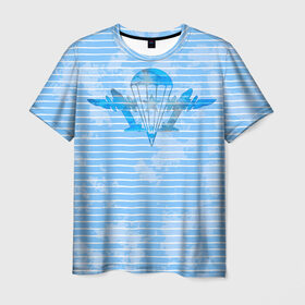 Мужская футболка 3D с принтом ВДВ в Новосибирске, 100% полиэфир | прямой крой, круглый вырез горловины, длина до линии бедер | вдв | голубая | никто кроме нас | парашют | полоски | самолеты | тельняшка