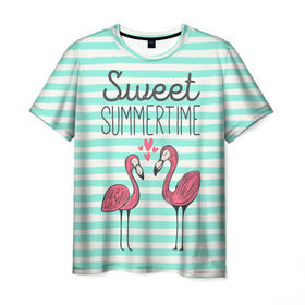 Мужская футболка 3D с принтом Sweet Summer Time в Новосибирске, 100% полиэфир | прямой крой, круглый вырез горловины, длина до линии бедер | animal | art | flamingo | love | pink | summer | sweet | time | арт | белый | бирюзовый | жара | животное | лето | любовь | матроска | полоски | рисунок | розовый | роман | сердечки | сердце | серый | фламинго | черный