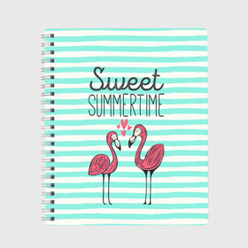 Тетрадь с принтом Sweet Summer Time в Новосибирске, 100% бумага | 48 листов, плотность листов — 60 г/м2, плотность картонной обложки — 250 г/м2. Листы скреплены сбоку удобной пружинной спиралью. Уголки страниц и обложки скругленные. Цвет линий — светло-серый
 | Тематика изображения на принте: animal | art | flamingo | love | pink | summer | sweet | time | арт | белый | бирюзовый | жара | животное | лето | любовь | матроска | полоски | рисунок | розовый | роман | сердечки | сердце | серый | фламинго | черный