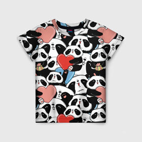 Детская футболка 3D с принтом Пандяшки в Новосибирске, 100% гипоаллергенный полиэфир | прямой крой, круглый вырез горловины, длина до линии бедер, чуть спущенное плечо, ткань немного тянется | baby | cute | fun | gift | happy | heart | panda | paw | smile | белый | красный | лапа | малыш | милый | мягкий | нежный | няшный | панда | подарок | радость | розовый | сердце | счастье | сюрприз | улыбка | черный