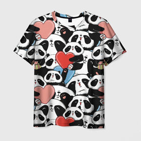 Мужская футболка 3D с принтом Пандяшки в Новосибирске, 100% полиэфир | прямой крой, круглый вырез горловины, длина до линии бедер | baby | cute | fun | gift | happy | heart | panda | paw | smile | белый | красный | лапа | малыш | милый | мягкий | нежный | няшный | панда | подарок | радость | розовый | сердце | счастье | сюрприз | улыбка | черный