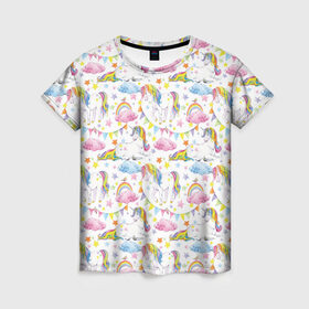 Женская футболка 3D с принтом Акварельные Единороги в Новосибирске, 100% полиэфир ( синтетическое хлопкоподобное полотно) | прямой крой, круглый вырез горловины, длина до линии бедер | unicorn | единорог | единорожка | мимими | радуга