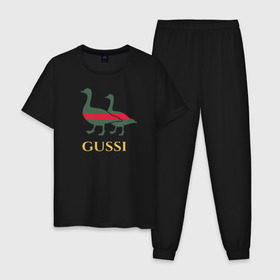 Мужская пижама хлопок с принтом Gussi GG в Новосибирске, 100% хлопок | брюки и футболка прямого кроя, без карманов, на брюках мягкая резинка на поясе и по низу штанин
 | Тематика изображения на принте: gucci | gussi | гуси | гучи