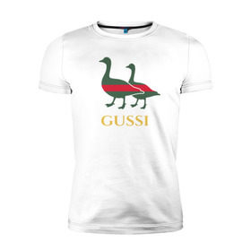 Мужская футболка премиум с принтом Gussi GG в Новосибирске, 92% хлопок, 8% лайкра | приталенный силуэт, круглый вырез ворота, длина до линии бедра, короткий рукав | Тематика изображения на принте: gucci | gussi | гуси | гучи
