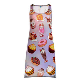 Платье-майка 3D с принтом Очень Сладкий Паттерн в Новосибирске, 100% полиэстер | полуприлегающий силуэт, широкие бретели, круглый вырез горловины, удлиненный подол сзади. | Тематика изображения на принте: блины | вкусняшка | еда | кекс | клубника | коктейль | мороженое | панкейк | пончик | сладости