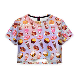 Женская футболка 3D укороченная с принтом Очень Сладкий Паттерн в Новосибирске, 100% полиэстер | круглая горловина, длина футболки до линии талии, рукава с отворотами | блины | вкусняшка | еда | кекс | клубника | коктейль | мороженое | панкейк | пончик | сладости