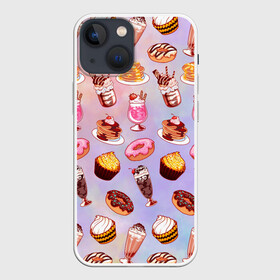 Чехол для iPhone 13 mini с принтом Очень Сладкий Паттерн в Новосибирске,  |  | блины | вкусняшка | еда | кекс | клубника | коктейль | мороженое | панкейк | пончик | сладости
