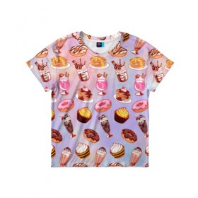 Детская футболка 3D с принтом Очень Сладкий Паттерн в Новосибирске, 100% гипоаллергенный полиэфир | прямой крой, круглый вырез горловины, длина до линии бедер, чуть спущенное плечо, ткань немного тянется | блины | вкусняшка | еда | кекс | клубника | коктейль | мороженое | панкейк | пончик | сладости