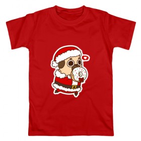 Мужская футболка хлопок с принтом Puglie Pug Новогодний в Новосибирске, 100% хлопок | прямой крой, круглый вырез горловины, длина до линии бедер, слегка спущенное плечо. | 2019 | kawaii | злюка | каваи | мопс | новый год | пес | пончик | собака