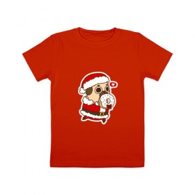 Детская футболка хлопок с принтом Puglie Pug Новогодний в Новосибирске, 100% хлопок | круглый вырез горловины, полуприлегающий силуэт, длина до линии бедер | Тематика изображения на принте: 2019 | kawaii | злюка | каваи | мопс | новый год | пес | пончик | собака