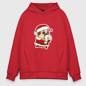 Мужское худи Oversize хлопок с принтом Puglie Pug Новогодний в Новосибирске, френч-терри — 70% хлопок, 30% полиэстер. Мягкий теплый начес внутри —100% хлопок | боковые карманы, эластичные манжеты и нижняя кромка, капюшон на магнитной кнопке | 2019 | kawaii | злюка | каваи | мопс | новый год | пес | пончик | собака