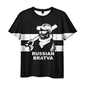 Мужская футболка 3D с принтом RUSSIAN BRATVA в Новосибирске, 100% полиэфир | прямой крой, круглый вырез горловины, длина до линии бедер | Тематика изображения на принте: mafia | russian | бандит | герб | мафия | россия | флаг