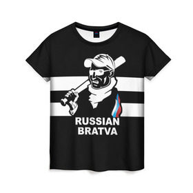 Женская футболка 3D с принтом RUSSIAN BRATVA в Новосибирске, 100% полиэфир ( синтетическое хлопкоподобное полотно) | прямой крой, круглый вырез горловины, длина до линии бедер | mafia | russian | бандит | герб | мафия | россия | флаг