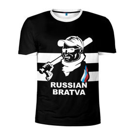 Мужская футболка 3D спортивная с принтом RUSSIAN BRATVA в Новосибирске, 100% полиэстер с улучшенными характеристиками | приталенный силуэт, круглая горловина, широкие плечи, сужается к линии бедра | Тематика изображения на принте: mafia | russian | бандит | герб | мафия | россия | флаг