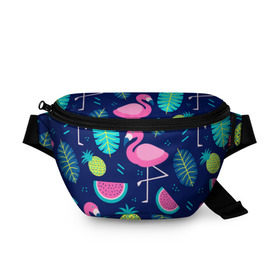 Поясная сумка 3D с принтом Фламинго в Новосибирске, 100% полиэстер | плотная ткань, ремень с регулируемой длиной, внутри несколько карманов для мелочей, основное отделение и карман с обратной стороны сумки застегиваются на молнию | flamingo | ананас | арбуз | летние | летняя | лето | листья | текстура | фламинго | фрукты