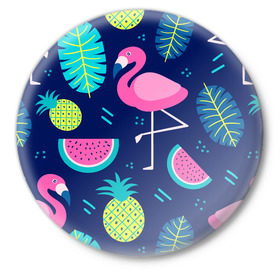 Значок с принтом Фламинго в Новосибирске,  металл | круглая форма, металлическая застежка в виде булавки | Тематика изображения на принте: flamingo | ананас | арбуз | летние | летняя | лето | листья | текстура | фламинго | фрукты