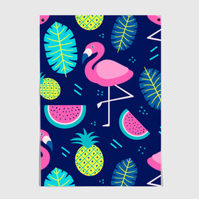 Постер с принтом Фламинго в Новосибирске, 100% бумага
 | бумага, плотность 150 мг. Матовая, но за счет высокого коэффициента гладкости имеет небольшой блеск и дает на свету блики, но в отличии от глянцевой бумаги не покрыта лаком | flamingo | ананас | арбуз | летние | летняя | лето | листья | текстура | фламинго | фрукты