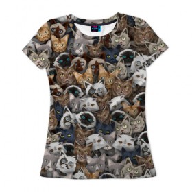 Женская футболка 3D с принтом Коты разных пород в Новосибирске, 100% полиэфир ( синтетическое хлопкоподобное полотно) | прямой крой, круглый вырез горловины, длина до линии бедер | бенгальский | кот | котик | котики | кошка | мейн кун | паттерн | персидский | сиамский | сфинкс