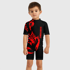 Детский купальный костюм 3D с принтом Scorpions в Новосибирске, Полиэстер 85%, Спандекс 15% | застежка на молнии на спине | scorpions | группа | скорпионс | хард | хардрок