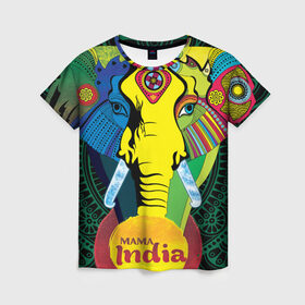 Женская футболка 3D с принтом Мама Индия в Новосибирске, 100% полиэфир ( синтетическое хлопкоподобное полотно) | прямой крой, круглый вырез горловины, длина до линии бедер | Тематика изображения на принте: ганеша | гималаи | индия | йога | кислота | практика | психоделика | слон | ярко