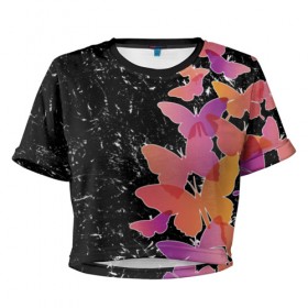 Женская футболка Cropp-top с принтом Бабочки — это цветы в Новосибирске, 100% полиэстер | круглая горловина, длина футболки до линии талии, рукава с отворотами | разноцветные | яркие