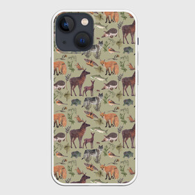 Чехол для iPhone 13 mini с принтом Wild animals в Новосибирске,  |  | animals | deer | forest | fox | nature | wild nature | дикие животные | ёжик | лес | лиса | олень | природа | рыба