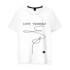 Мужская футболка хлопок с принтом LOVE YOURSELF _ в Новосибирске, 100% хлопок | прямой крой, круглый вырез горловины, длина до линии бедер, слегка спущенное плечо. | Тематика изображения на принте: bangtan boys | bts | бантаны | бтс