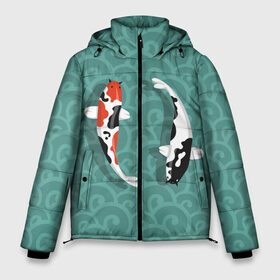 Мужская зимняя куртка 3D с принтом Японские рыбки в Новосибирске, верх — 100% полиэстер; подкладка — 100% полиэстер; утеплитель — 100% полиэстер | длина ниже бедра, свободный силуэт Оверсайз. Есть воротник-стойка, отстегивающийся капюшон и ветрозащитная планка. 

Боковые карманы с листочкой на кнопках и внутренний карман на молнии. | карпы | кои | рыбы | япония