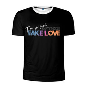 Мужская футболка 3D спортивная с принтом FAKE LOVE в Новосибирске, 100% полиэстер с улучшенными характеристиками | приталенный силуэт, круглая горловина, широкие плечи, сужается к линии бедра | Тематика изображения на принте: bangtan boys | bts | бантаны | бтс