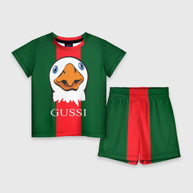 Детский костюм с шортами 3D с принтом GUSSI в Новосибирске,  |  | Тематика изображения на принте: gucci | gussi ga ga ga | gussi gang | бренд | гусь | птица