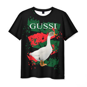 Мужская футболка 3D с принтом Gussi в Новосибирске, 100% полиэфир | прямой крой, круглый вырез горловины, длина до линии бедер | gucci | gussi ga ga ga | gussi gang | бренд | гусь | птица