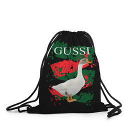 Рюкзак-мешок 3D с принтом Gussi в Новосибирске, 100% полиэстер | плотность ткани — 200 г/м2, размер — 35 х 45 см; лямки — толстые шнурки, застежка на шнуровке, без карманов и подкладки | Тематика изображения на принте: gucci | gussi ga ga ga | gussi gang | бренд | гусь | птица
